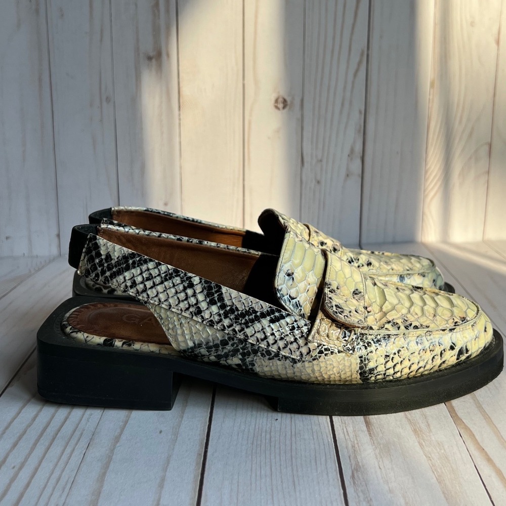 GANNI Snake Embossed Slingback Loafers Black White Y2K Scandi Indie EU 38 US 7.5